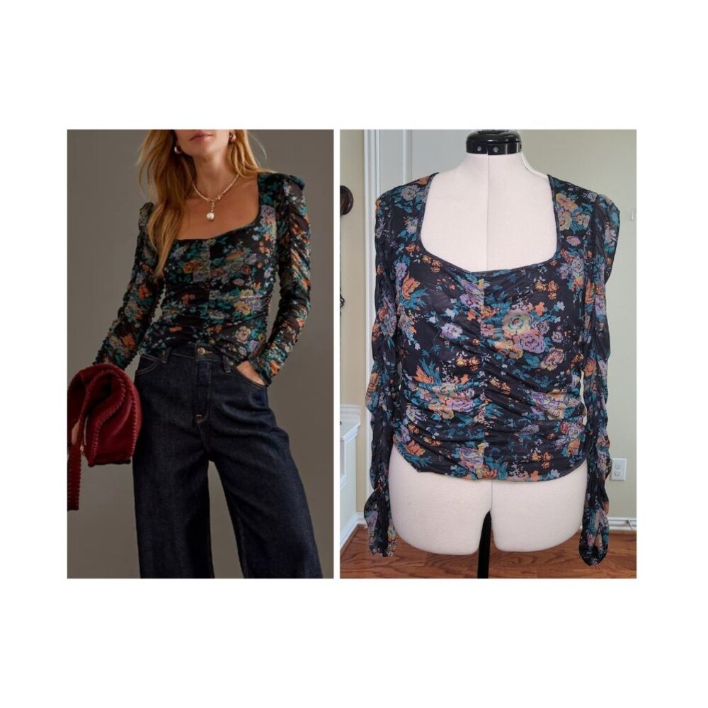 Anthropologie Black Floral Ruched Square-Neck Blouse with Puff Sleeves
